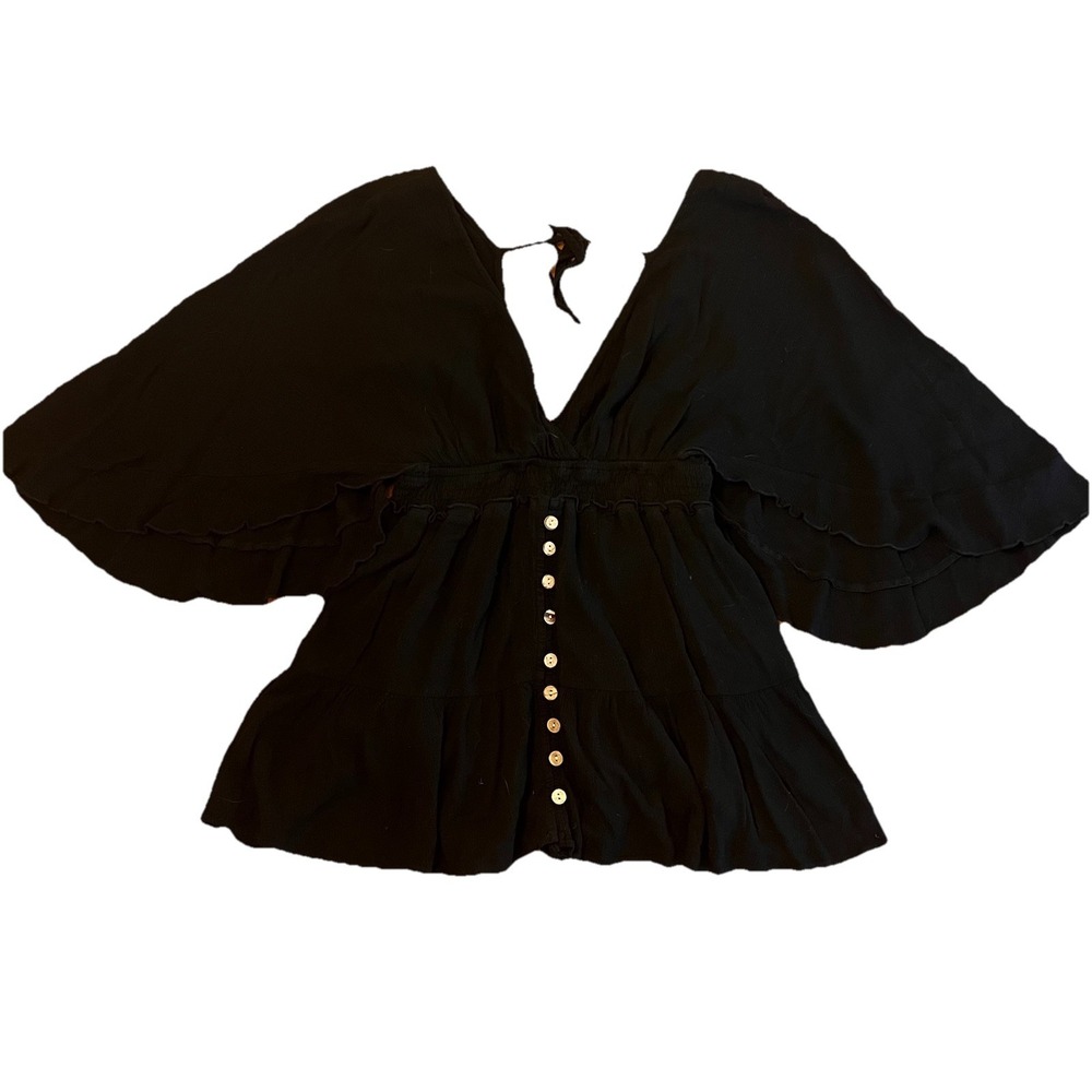 Romper Dress Button Front Tie Back Black VNeck Bohemian Fairy WhimsiGoth Witch S
